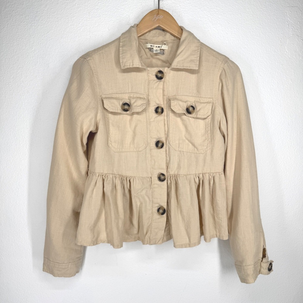 Mi Ami Tan Linen Blend‎ Peplum Button Front Utility Jacket Beige Small Safari
